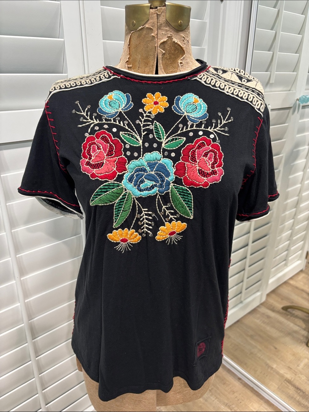 Double D Ranch Sol De Mexico Tee with Multicolor Floral Embroidery
